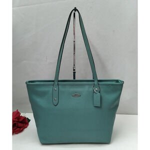 Coach City Blue Teal Leather Double Handles Zipper Closure Tote Bag
